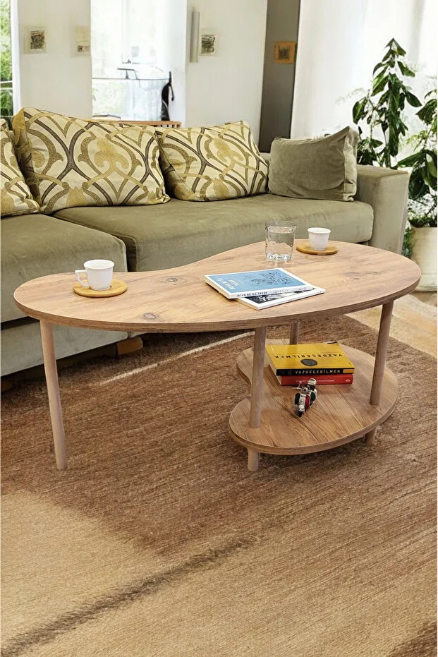 Fasülye Orta Sehpa Ahşap Ayaklı Sehpa Iki Raflı Sehpa Dekoratif Sehpa Gazetelikli - Çam